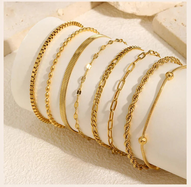 Non Tarnish Stainless Steel Bracelet Stackable for Women, Thin Herribone Chain Bracelet Waterproof Gold Plated Jewelry